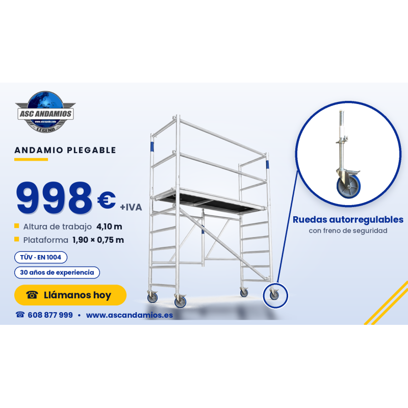 Andamio Plegable ASC Premium · 4,10 m · 75×190 cm · Ruedas autorregulables