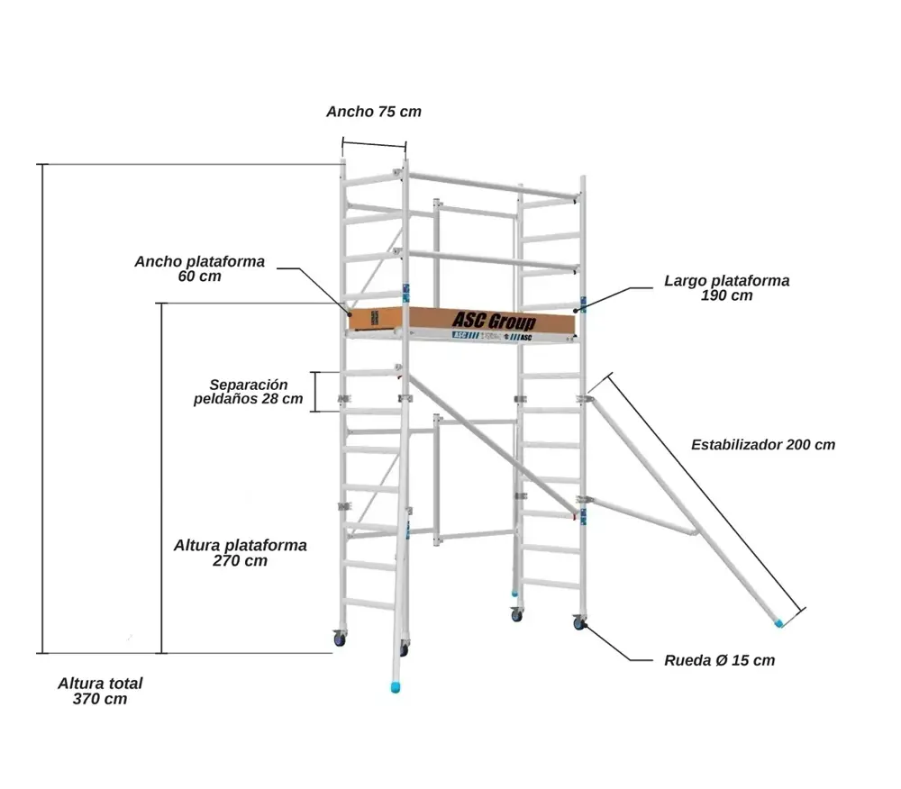 Andamio Plegable ASC Premium · 4,7 m · 75×190 cm · Apoyo en pared