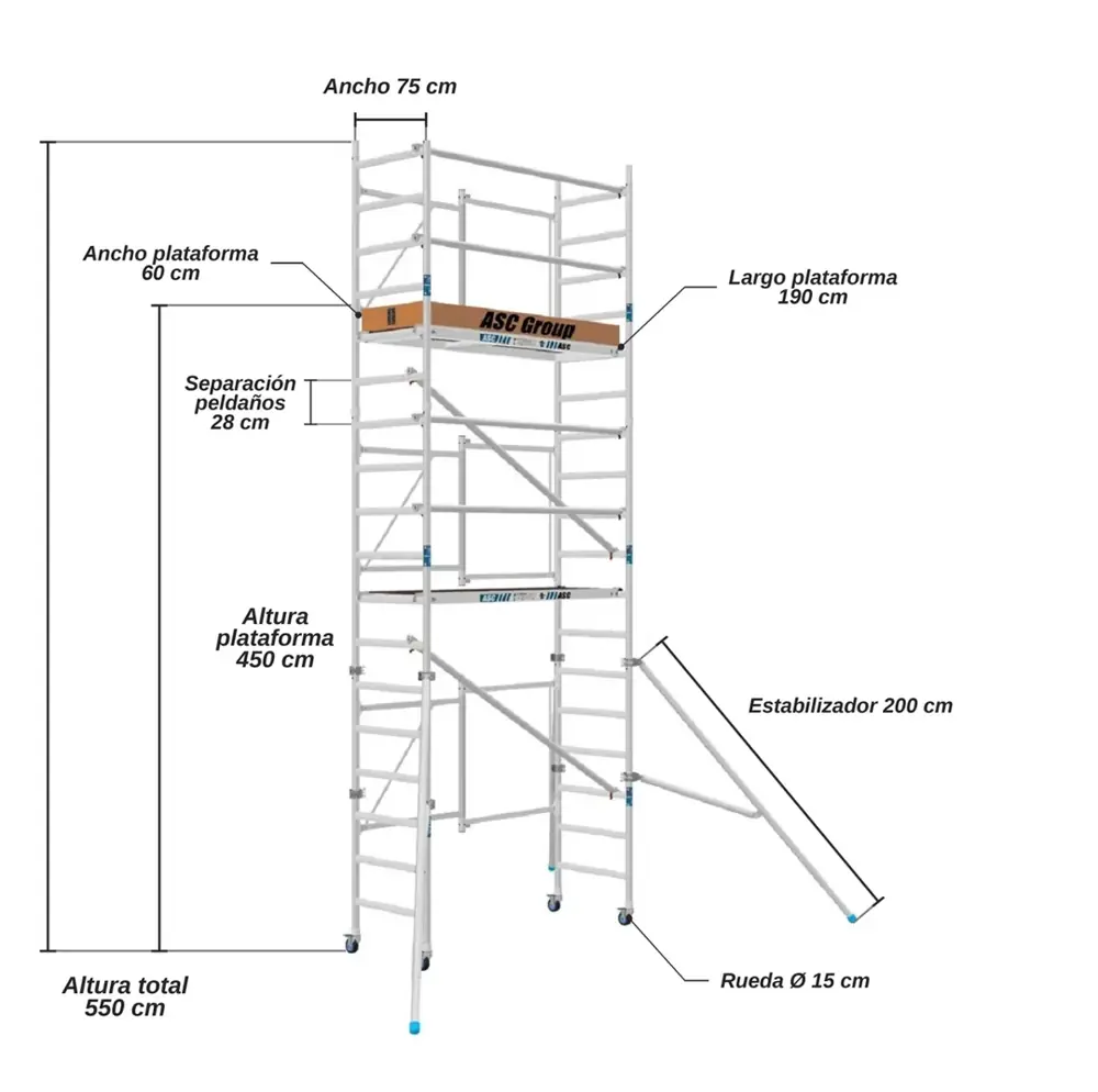 Andamio Plegable ASC Premium · 6,5 m · 75×190 cm · Apoyo en pared